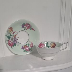 Vintage Paragon Fine Bone China Tea Cup and Saucer: Floral Mint Green